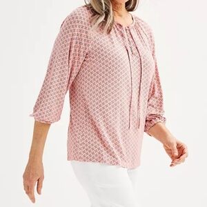 CROFT & BARROW Size Large Shirring Knit Blouse Soft Ditsy Cottage Peach Navy